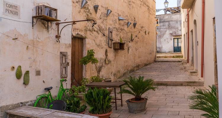 Callejón rústico y tranquilo con paredes desgastadas, plantas en macetas y una bicicleta verde brillante apoyada contra una fachada color durazno.