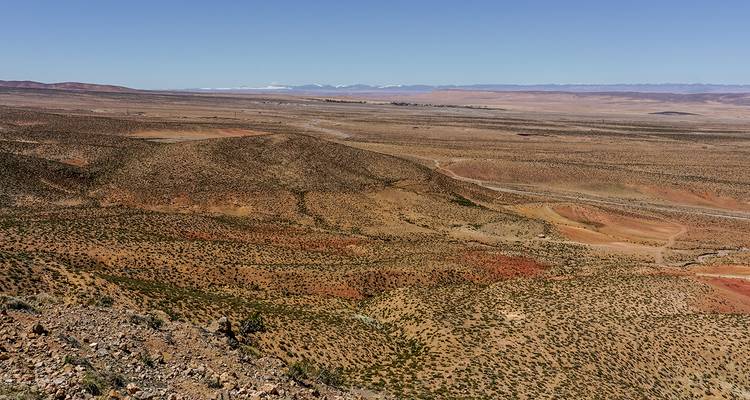 Vast arid plateau of rolling brown and red terrain stretching towards distant snow-capped mountains under a clear sky