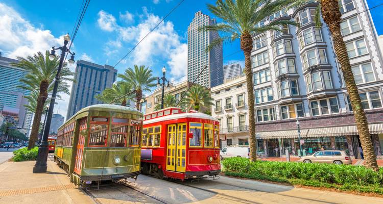 Classic red and green streetcars travel along palm-lined Canal Street in downtown New Orleans.
