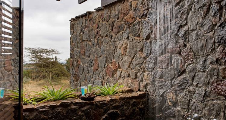 Open-air stone shower with desert shrubs visible beyond the wall.