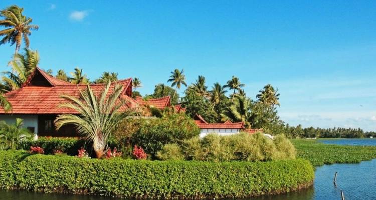Weelderig Kerala backwater tafereel met rood betegeld huis, palmbomen en blauwe lucht