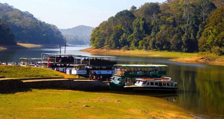 Toerboten aangemeerd aan de beboste oever van het meer in Periyar Nationaal Park
