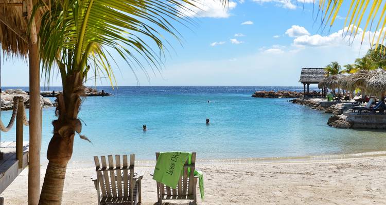 Tranquil Caribbean cove with turquoise water, sandy beach, wooden loungers under palm trees, and swimmers enjoying the sea.