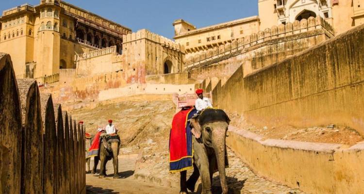 Elephant riders in colourful blankets enter the grand sandstone walls of Amber Fort.