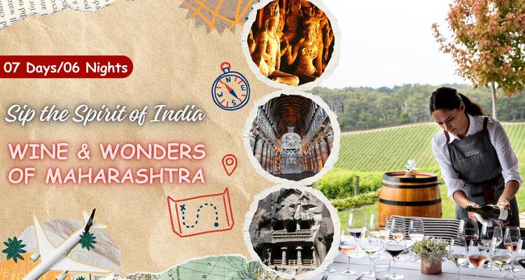 Promotional collage graphic featuring text about a wine and culture tour in Maharashtra with images of caves, vineyards and maps.