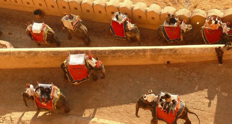 Top-down view of decorated elephants carrying tourists along Amber Fort’s ramparts.