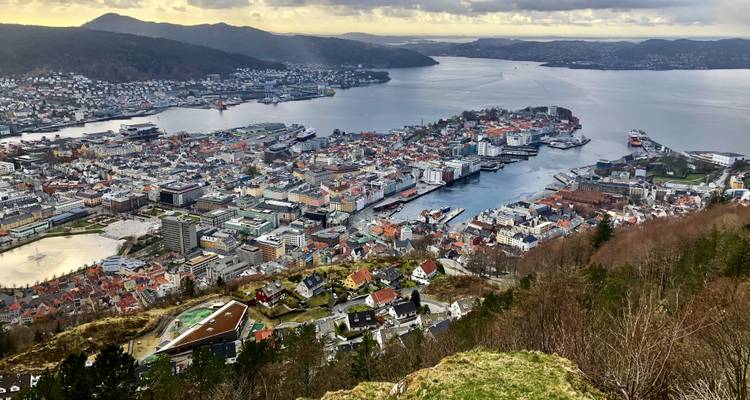 Vue panoramique sur le paysage urbain de Bergen et le port depuis un belvédère situé sur une colline