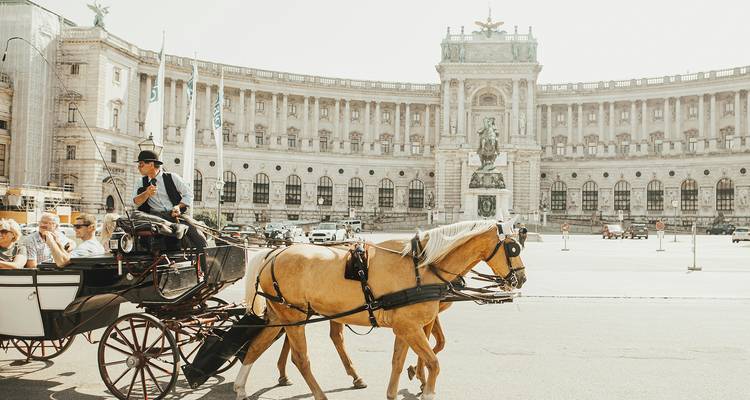 Horse-drawn carriage passes in front of Vienna's grand curved Hofburg Palace on a bright day.