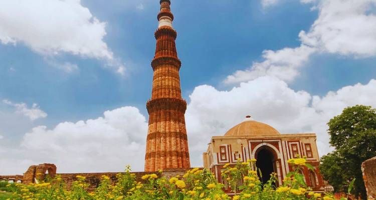 The soaring red-sandstone Qutub Minar tower beside a domed mosque framed by flowering plants under blue sky.