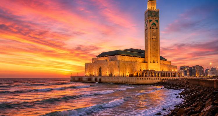 Die beleuchtete Hassan-II-Moschee mit Blick auf den Atlantik, während lebhafte Sonnenunterggangsfarben den Himmel erfüllen.