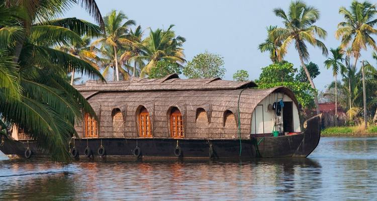 Une péniche traditionnelle au toit de bois glisse le long des eaux calmes entourée de cocotiers.