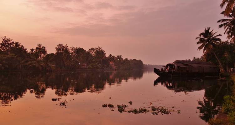 Coucher de soleil doré sur des backwaters calmes avec la silhouette d'une péniche traditionnelle et des palmiers reflétés sur l'eau.