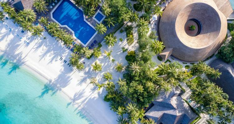 Drone view of palm shadows on sugar-white sand, bright pool and circular thatched roof pavilion.