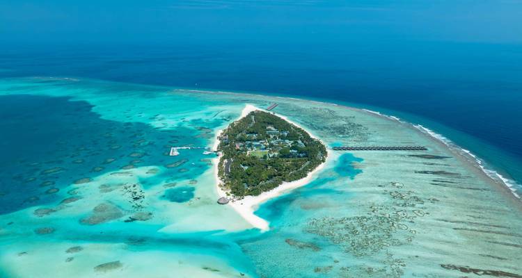 High aerial of a small lush island ringed by coral reef and sandbanks amid brilliant blue atoll waters.