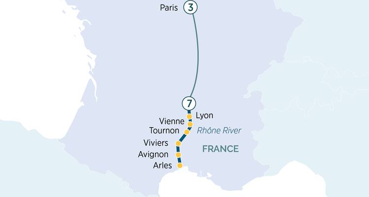 Carte simplifiée montrant un itinéraire de croisière sur le Rhône de Paris à Arles via Lyon et la Provence.