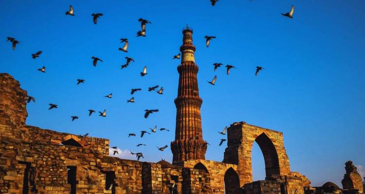 Qutub Minar soaring into a clear blue sky with flock of birds and ancient ruins below.