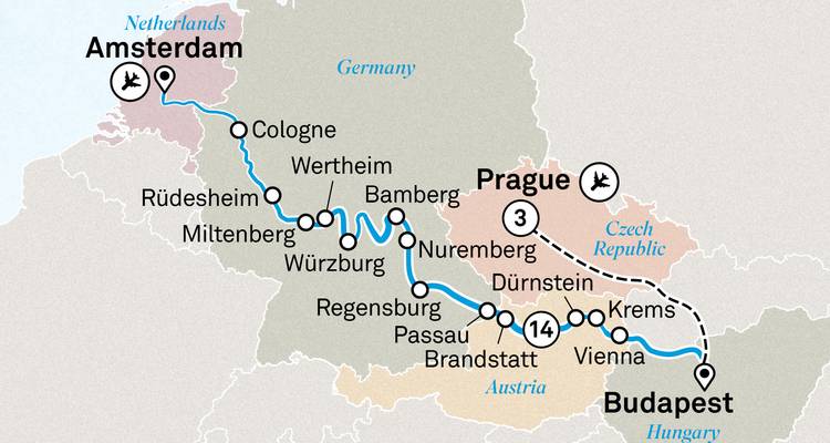 Multi-country cruise map connecting Amsterdam, Prague and Budapest via the Danube and Rhine