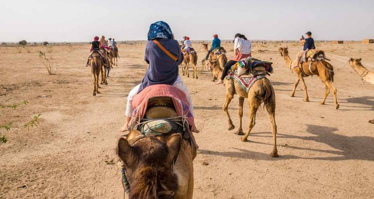 Line of tourists riding camels across the arid Thar Desert under a pale sky.