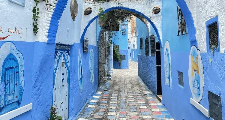 Narrow alleyway of blue-painted buildings decorated with arches and murals.