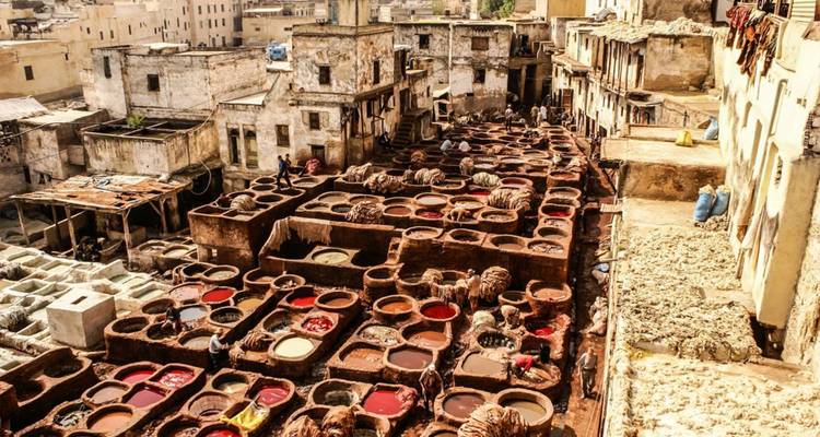 Historic Fez tannery filled with multicolored dye pits and workers processing leather.