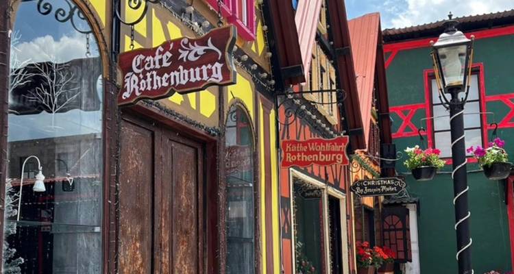 Encantadora escena callejera que muestra escaparates de madera vintage con señalización de estilo alemán y flores en macetas.