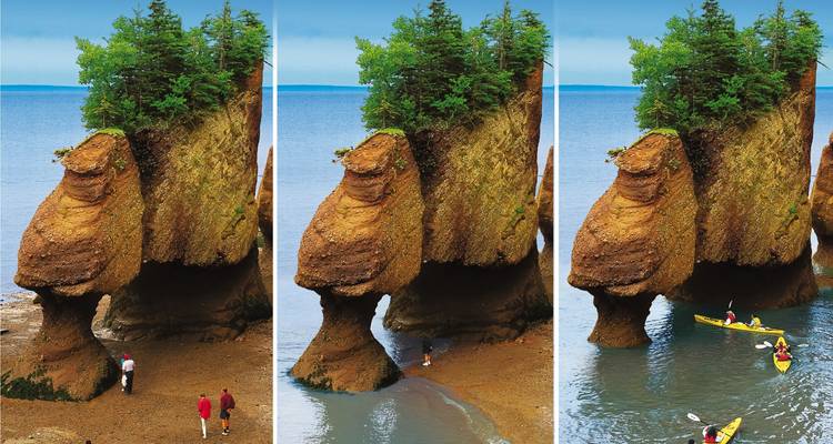 Series of images showing visitors at low tide, mid tide and kayaking around the towering Hopewell Rocks.