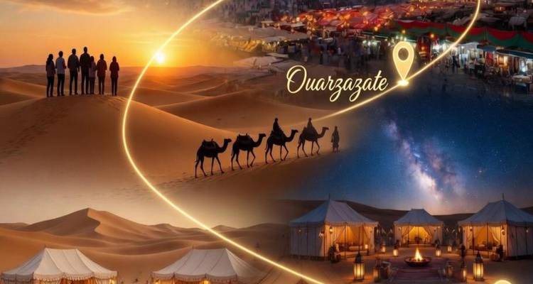 Promotional collage of desert camels, starry night camp, and sunset silhouettes with text overlay.