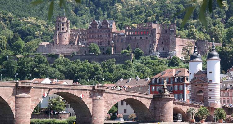 Antiguo puente de piedra que cruza el río Neckar con el Castillo de Heidelberg y la ladera frondosa detrás.