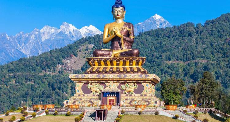 Enormous golden Buddha statue sits before snow-capped Himalayan peaks and pine forest.