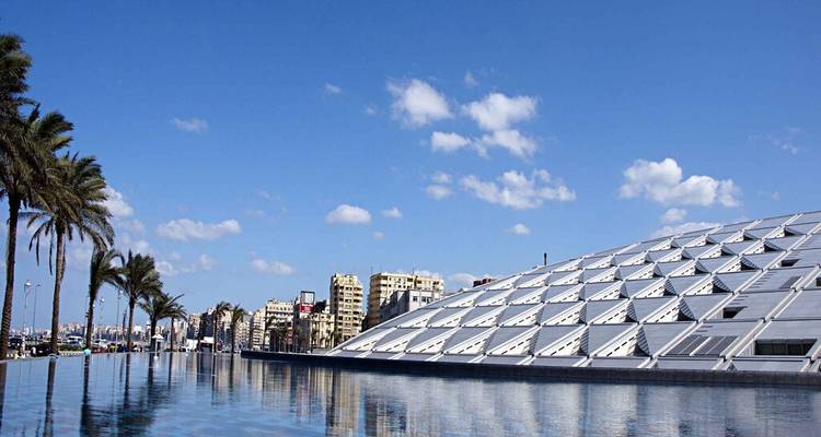 Modern bibliotheekgebouw met glazen dak dat zich spiegelt in een stil waterbassin met palmbomen en blauwe lucht.