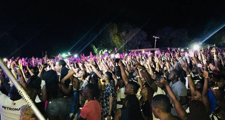 Large nighttime crowd with raised hands enjoying a live outdoor concert lit by colourful stage lights.