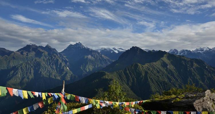 Heldere gebedsvlaggen die wapperen voor diepgroene valleien en ruige Himalaya-toppen.