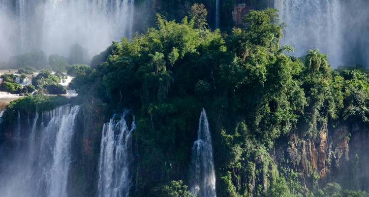 Towering green cliffs with multiple misty waterfalls in dense jungle at Iguazu.