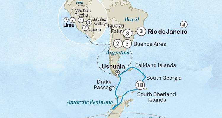 Illustrated itinerary map of South America showing major travel stops and cruise route.