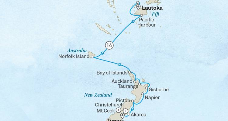Illustrated route map showing cruise itinerary between New Zealand and Fiji