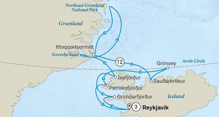 Une carte d'itinéraire mettant en évidence les routes de voyage entre les ports de l'Islande et du Groenland.