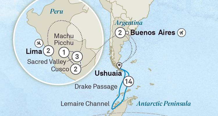 Carte de voyage illustrant un itinéraire de Buenos Aires à travers le Pérou jusqu'en Antarctique