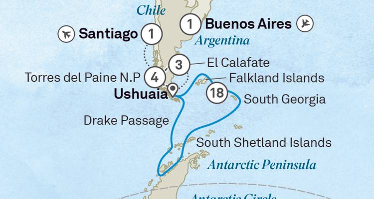 Carte de croisière expédition en Amérique du Sud, aux îles Malouines, en Géorgie du Sud et à la Péninsule Antarctique.