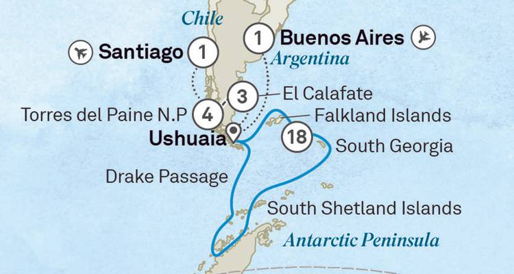 Carte illustrée de l'itinéraire de croisière en Amérique du Sud, aux îles Malouines et dans la région antarctique avec lignes d'itinéraire et icônes de villes