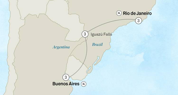 Simple route map connecting Buenos Aires, Iguazu Falls and Rio de Janeiro.