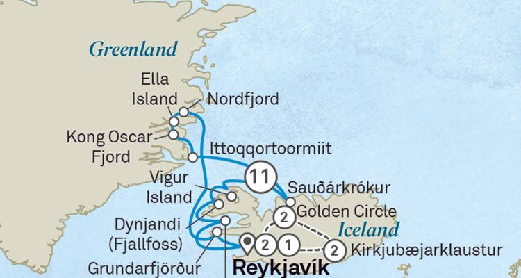 Route map displaying an Iceland and Greenland cruise itinerary with highlighted stops and sailing lines.