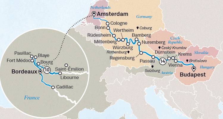 European river cruise route map spanning Amsterdam, Budapest and Bordeaux regions.
