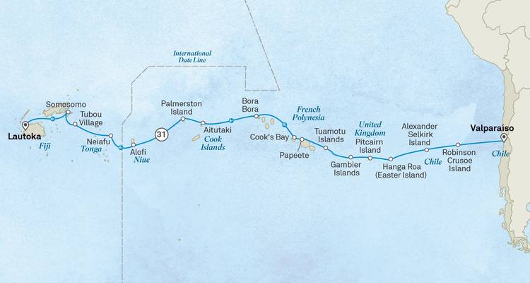 Route map showing cruise itinerary across the South Pacific from Chile to Fiji.