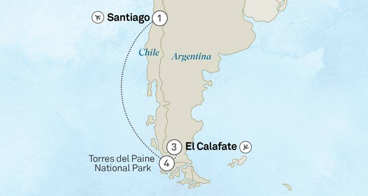 Map of Chilean and Argentine Patagonia itinerary including Santiago, El Calafate and Torres del Paine.
