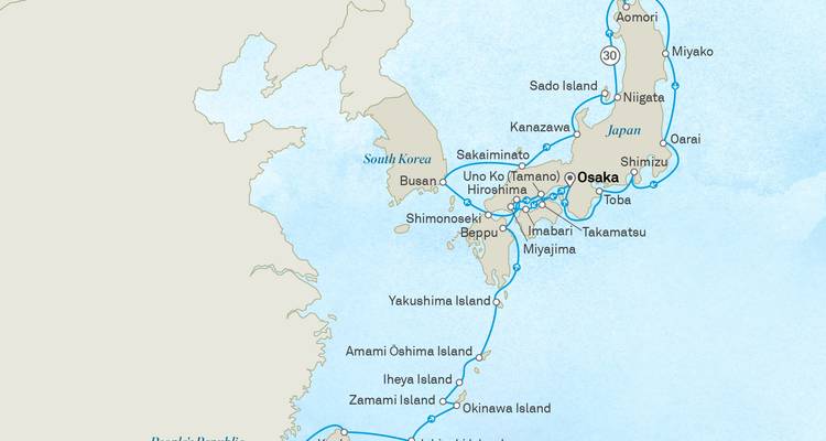 Map of cruise routes around Japan, South Korea and Okinawa islands