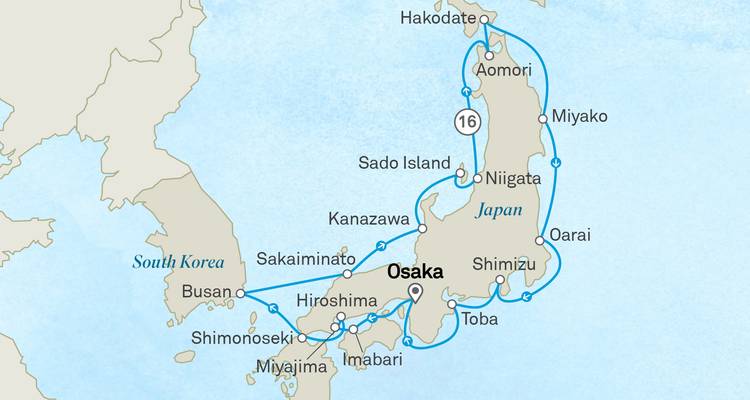 Loop map of Japan cruise itinerary starting and ending in Osaka