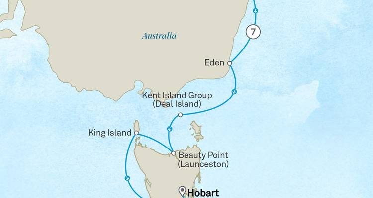 Carte d'itinéraire de croisière du sud-est de l'Australie incluant Hobart, l'île King et Eden.