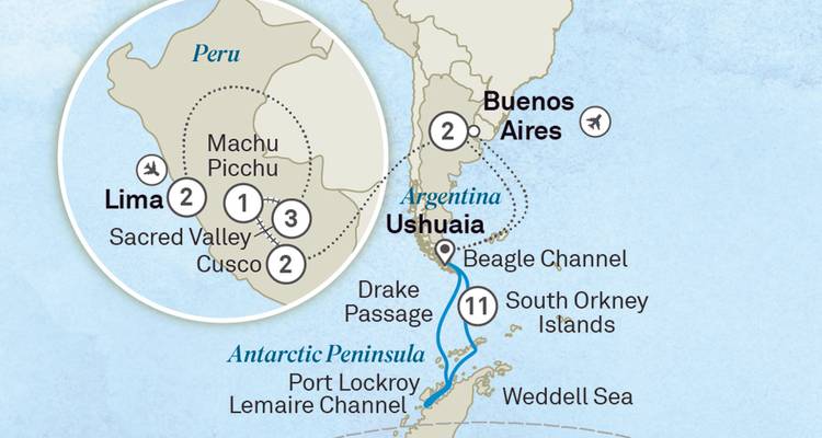 Illustrated expedition map highlighting Buenos Aires, Ushuaia and Antarctica cruise route.