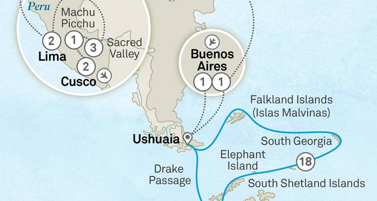 Carte de voyage décrivant l'itinéraire entre Lima, Cusco, Buenos Aires et Ushuaia.
