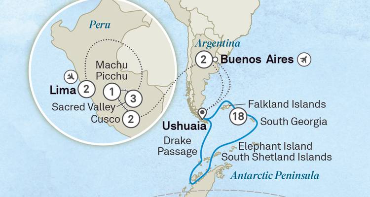 Carte composite montrant les points forts du Pérou et l'itinéraire de l'expédition antarctique depuis l'Argentine.